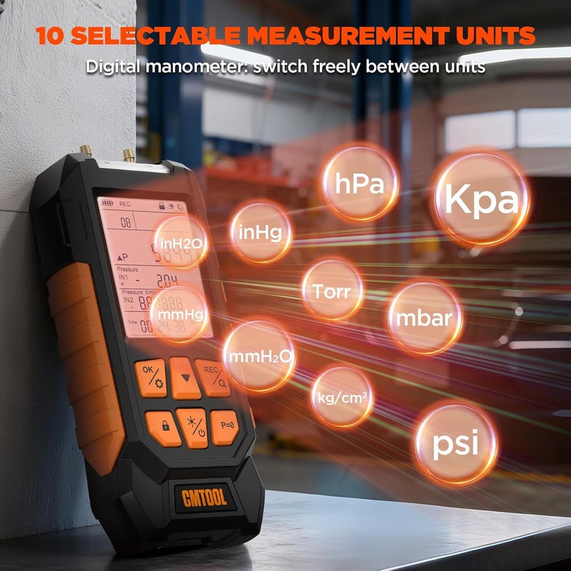 CMTOOL Manometer Gas Pressure Tester, Digital Manometer, -100-200Kpa, 10 Units Differential Pressure Gauge, Max/Min/Data Storage, 2-Port Tester for HVAC/Automotive Brake/Industrial/Lab Calibration - Image 5